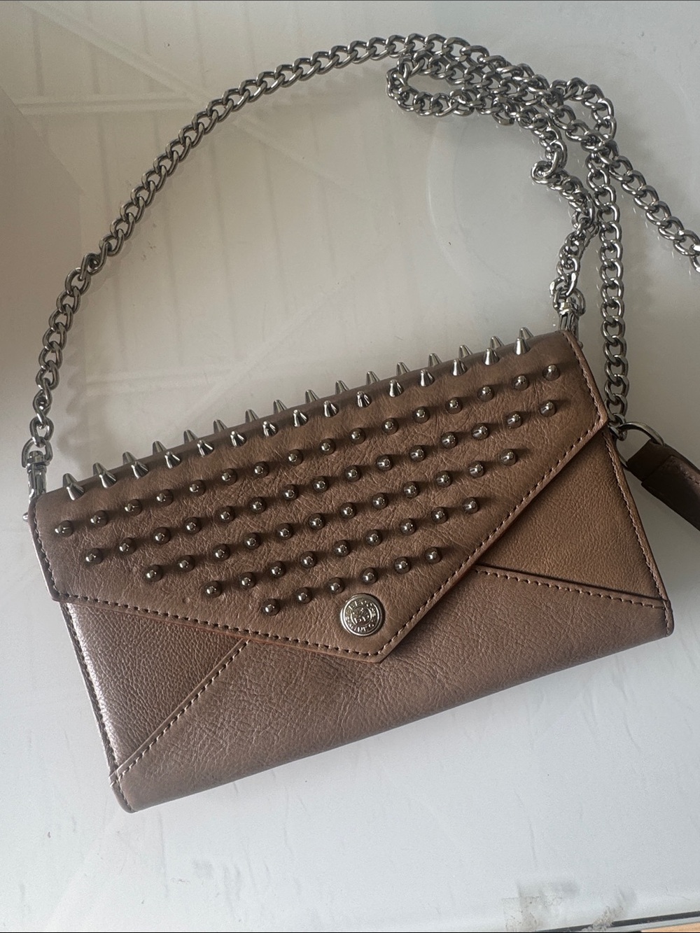 Studded Brown Leather Crossbody Wallet - Taupe Brown